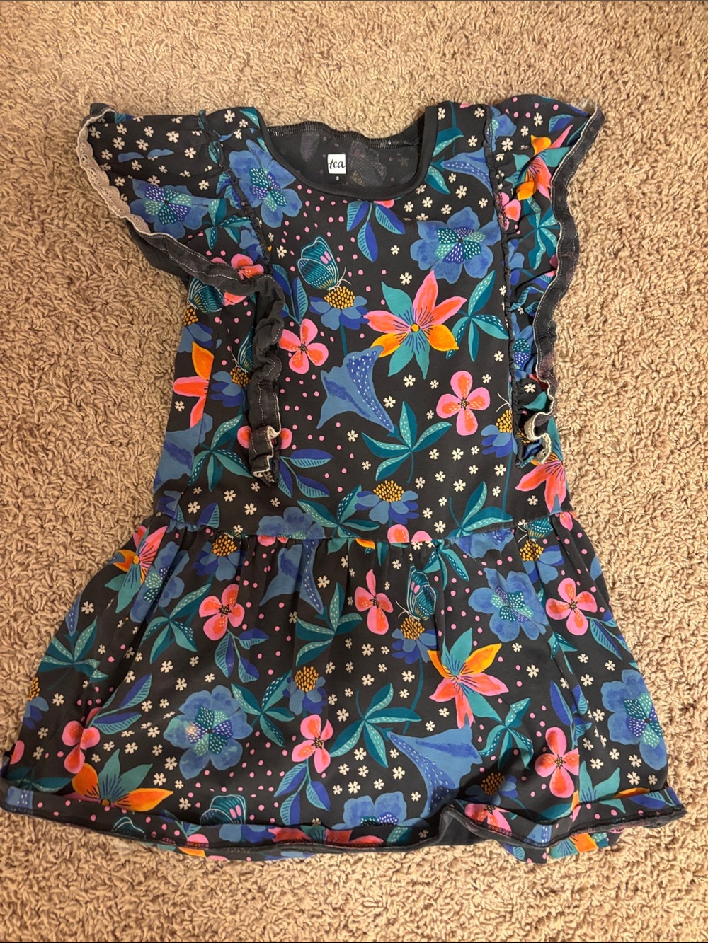 Tea Collection Black Floral Ruffle Dress with Pink, Blue, Orange Accents